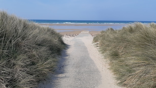 Un sendero arenoso que conduce a una playa flanqueada por dunas.
