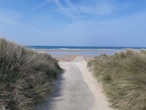 A sandy path leading to a beach with dunes on either side.