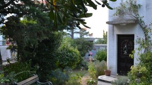 A garden with a pathway leading to a building with a black door.