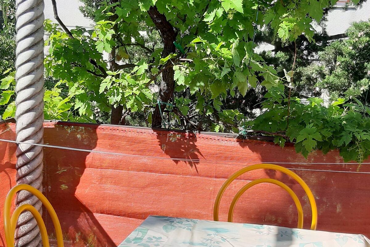 A red metal fence with yellow handrails, a tree with green leaves, and a white building in the background.