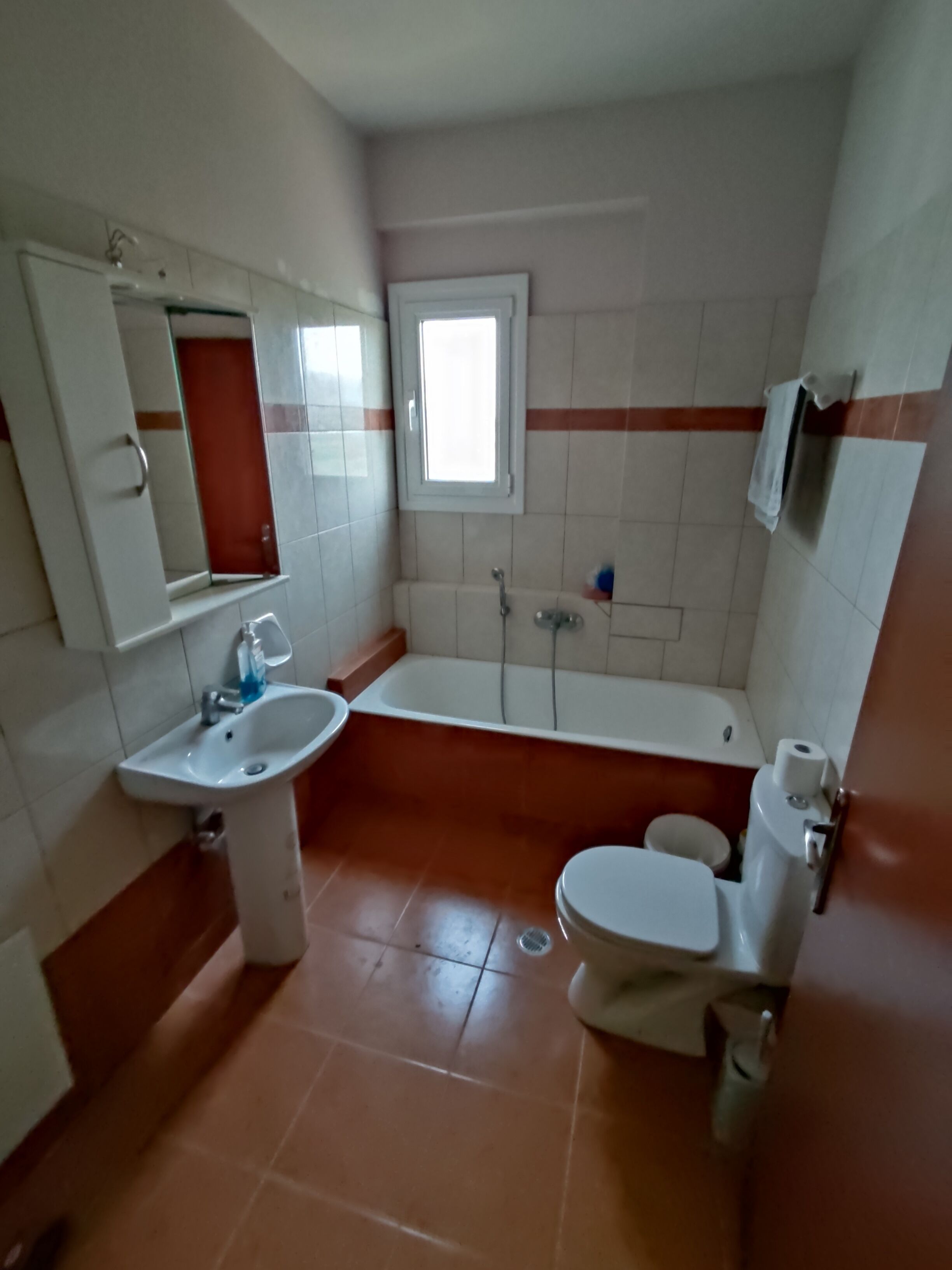 Bathtub, towels, toilet paper