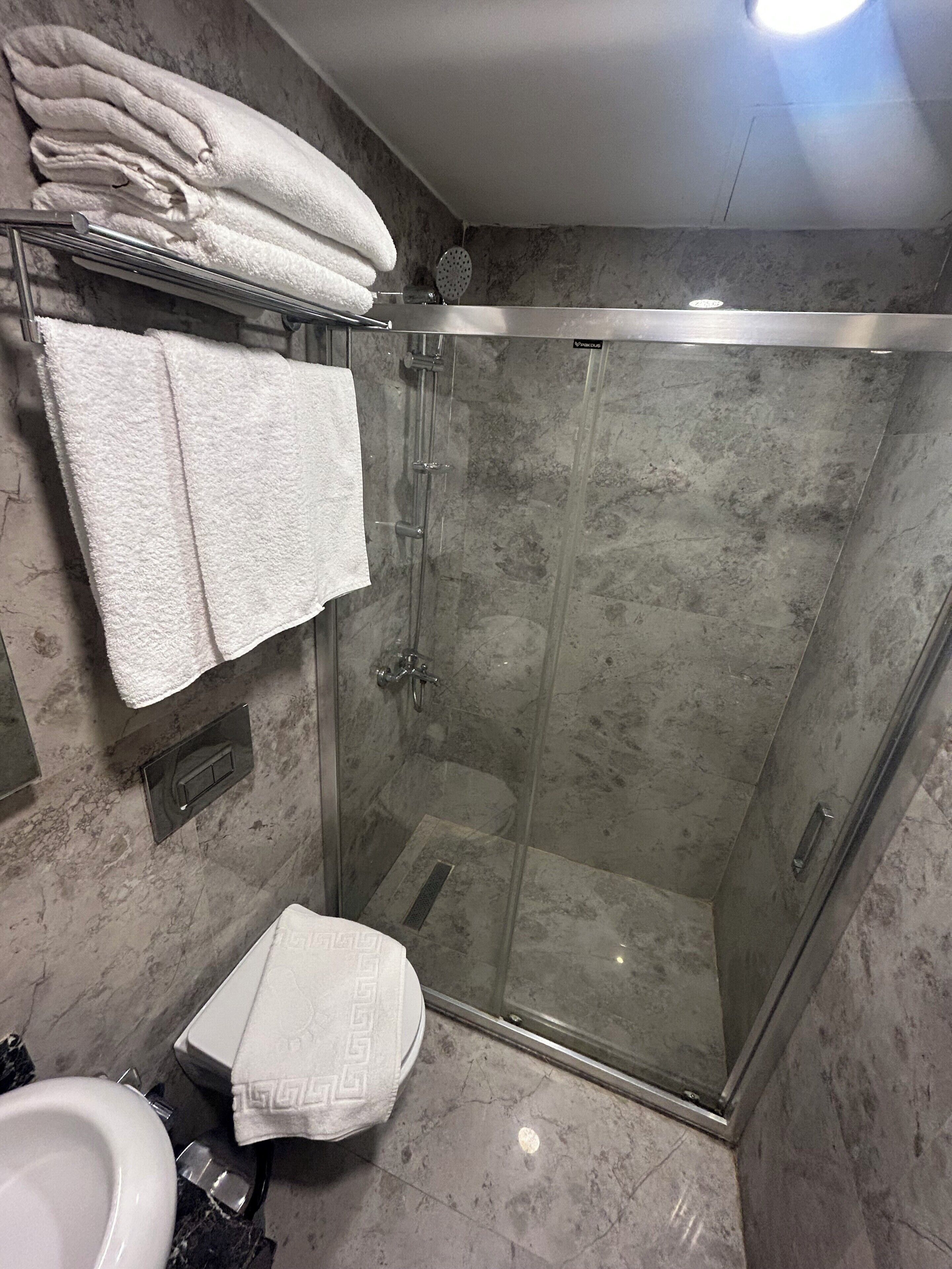 A bathroom with a glass-enclosed shower, a toilet, and a sink.