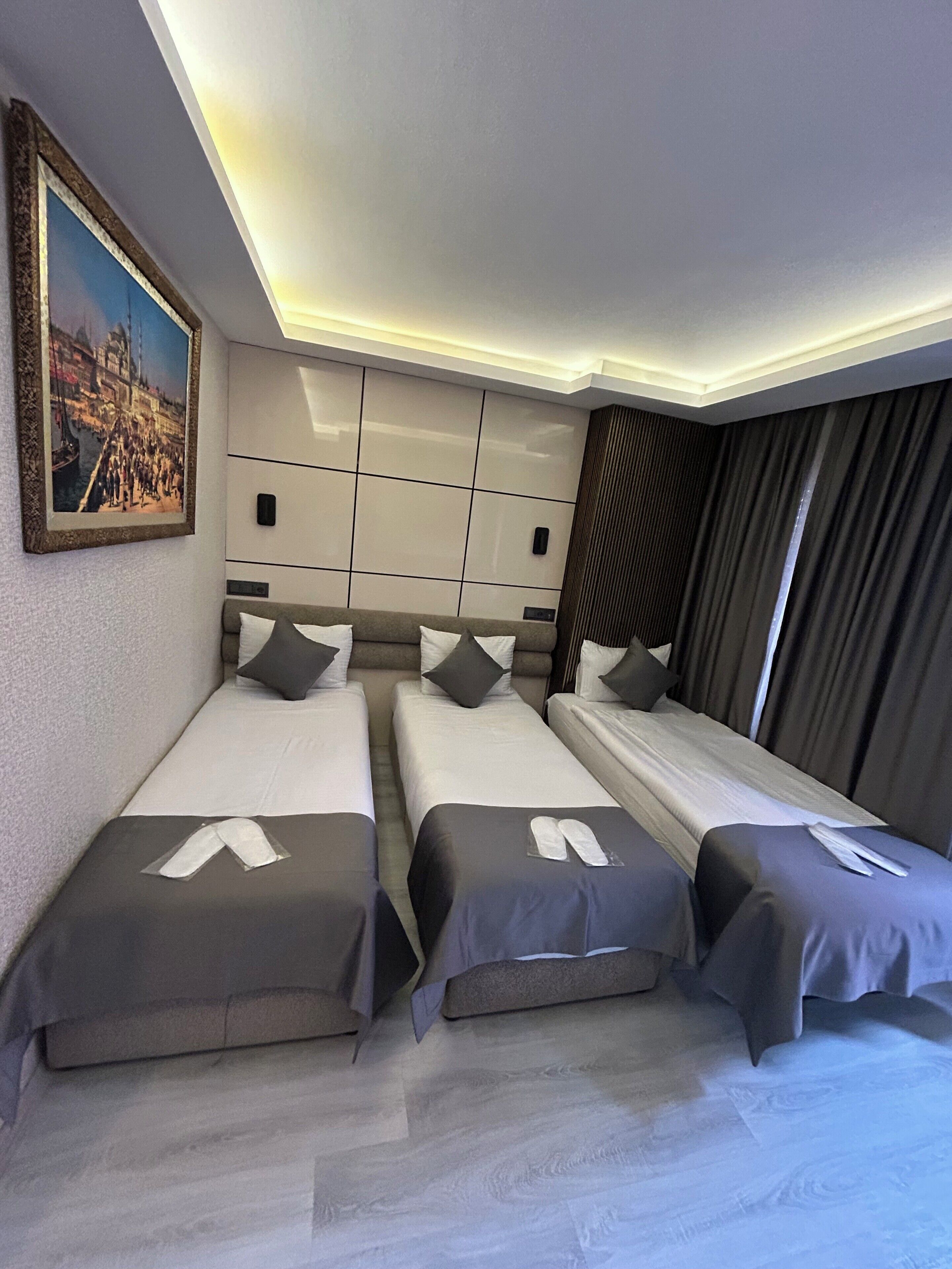Habitació d'hotel amb dos llits individuals, un quadre gran a la paret i un disseny de sostre modern.