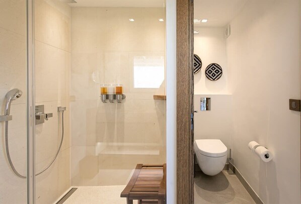 Une salle de bain moderne avec une douche à parois de verre, des toilettes et un banc.