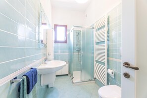 Shower, hair dryer, bidet, towels