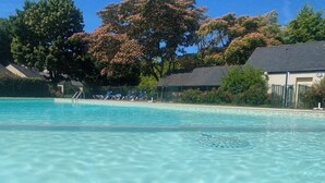 Ein klarer Swimmingpool mit blauem Wasser, umgeben von einem Zaun und Bäumen mit rosa Blüten im Hintergrund.