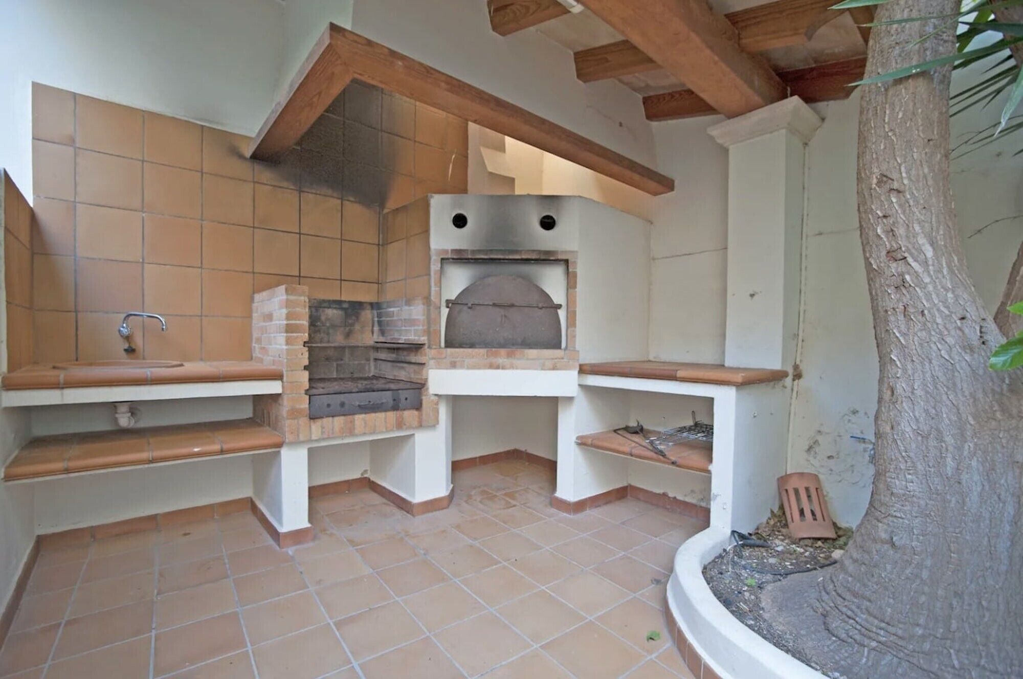 A kitchen with a built-in oven, a sink, and a tree planter.