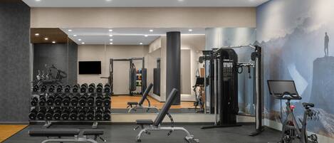 A gym with a bench press, dumbbells, a stationary bike, and a wall with a mountain painting.