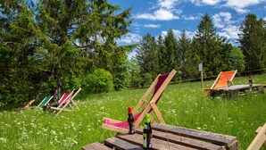 Une zone herbeuse avec plusieurs chaises et tables en bois, entourée d’arbres.