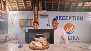 A reception area with a reception desk, a computer, framed certificates on the wall, and a basket of bread on the counter.