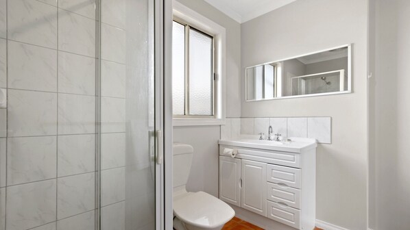A bathroom with a toilet, a sink, and a mirror.