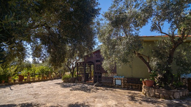 A courtyard with a stone floor, a wooden pergola, and potted plants. - Holiday Home "Lilliu" with Mountain View, Garden & Air Conditioning (VILLACIDRO)