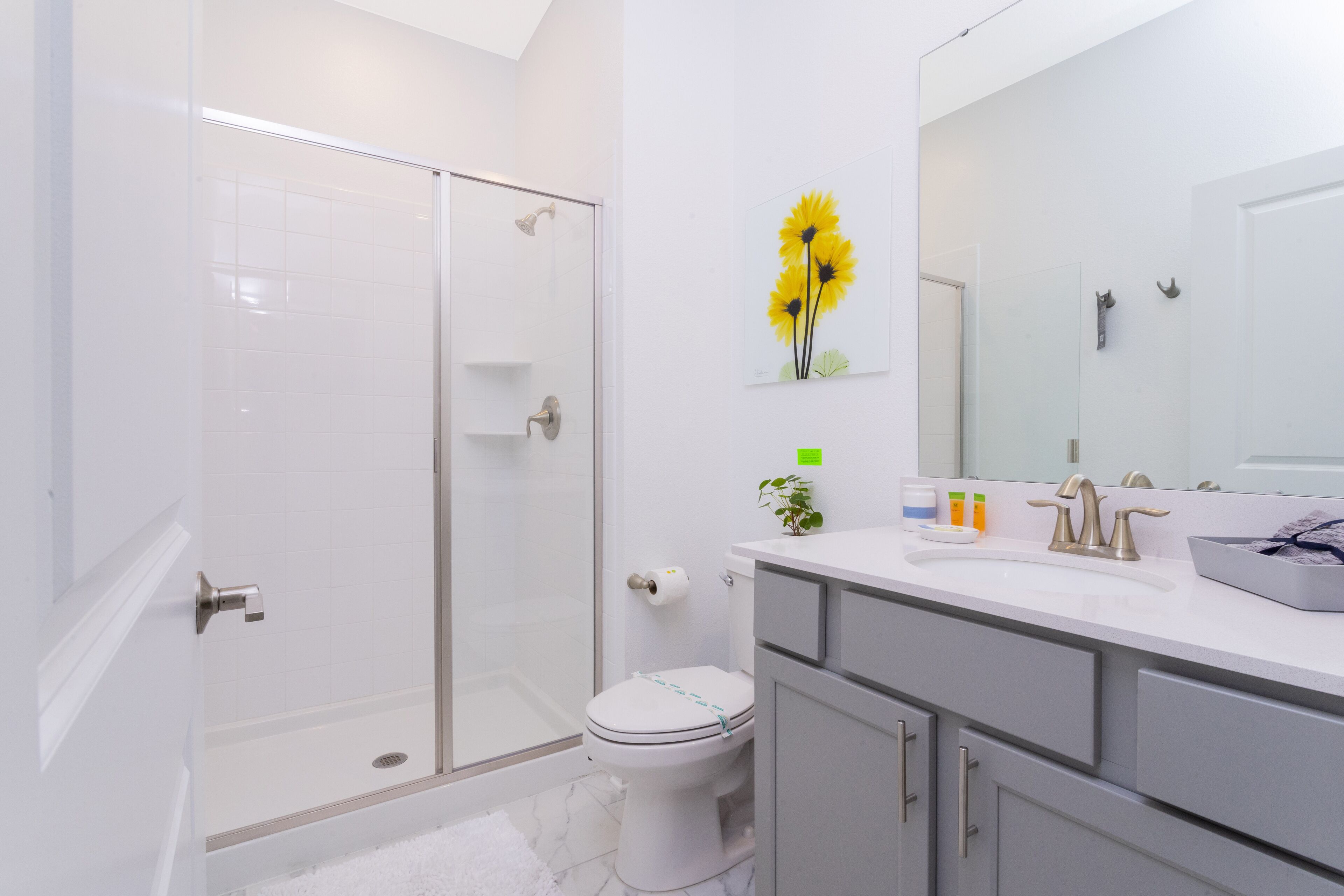 A modern bathroom with a glass shower enclosure, a toilet, and a vanity with a sink and mirror.