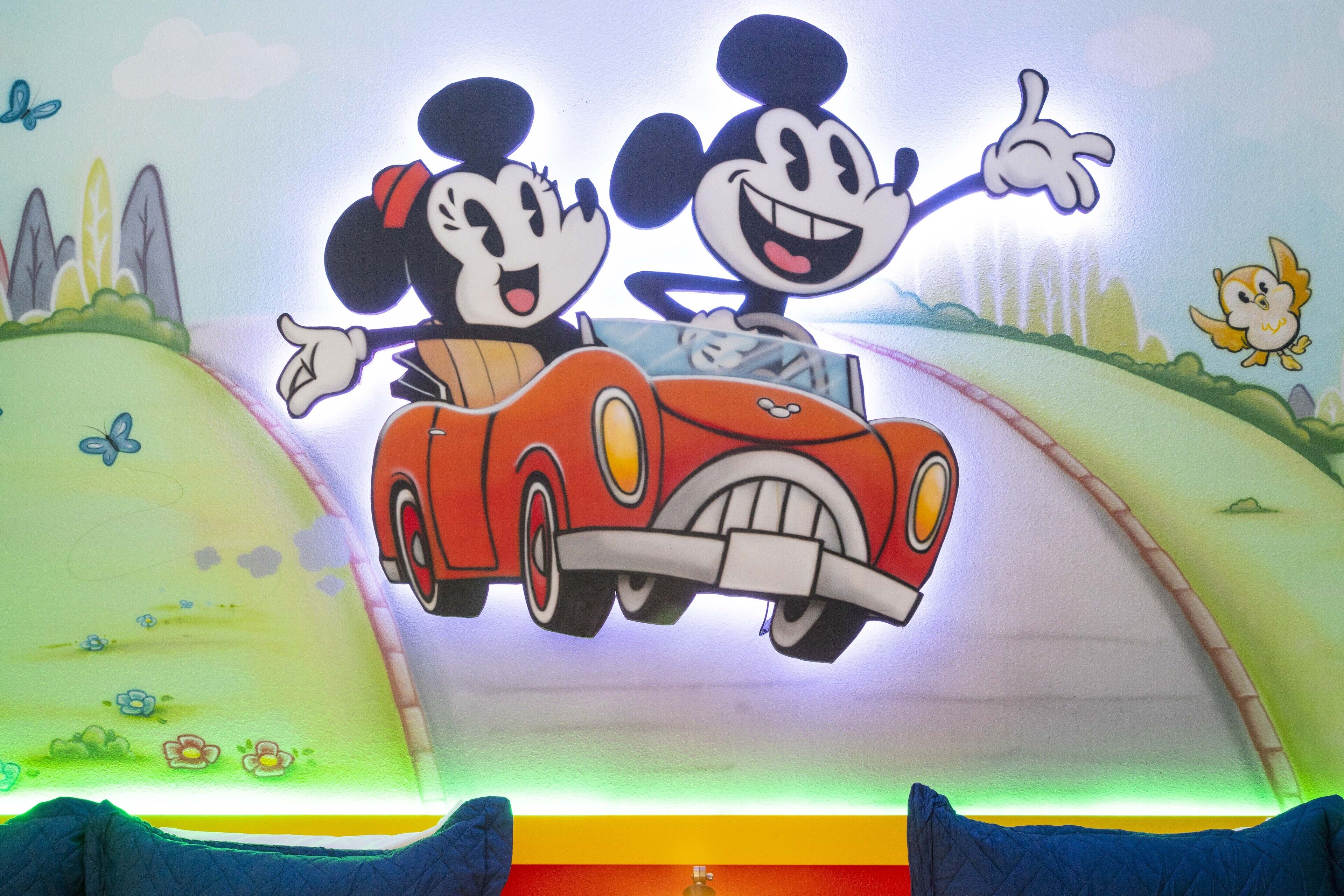 A wall with a cartoon character in a car, a butterfly, and a bird.