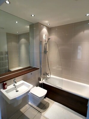 Combined shower/tub, hair dryer, towels, toilet paper
