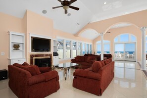 TV, fireplace, DVD player, foosball
