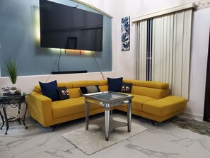 Smart TV, fireplace, video games, DVD player