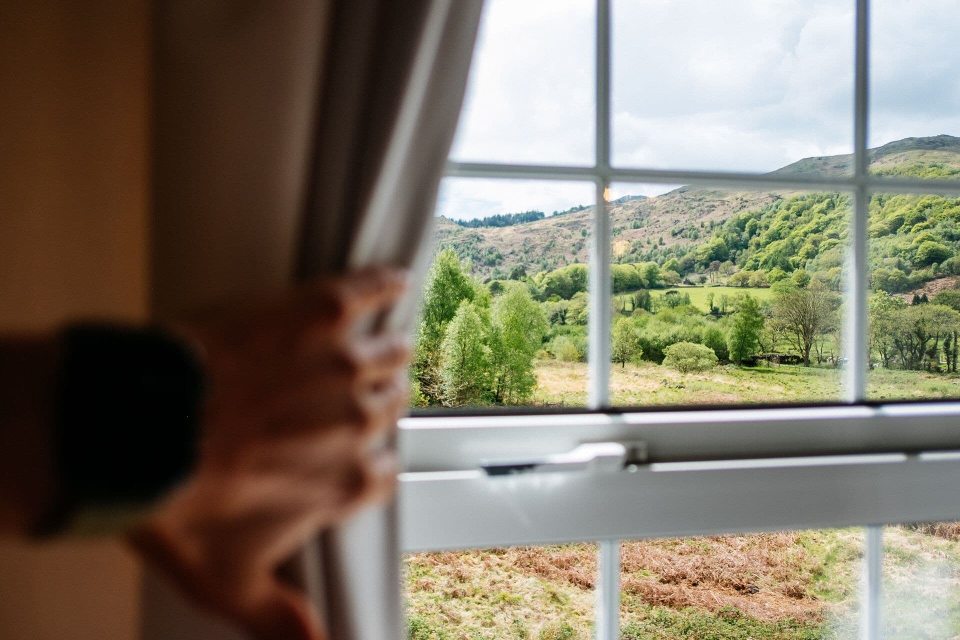 A window with a view of a green landscape with trees and hills.