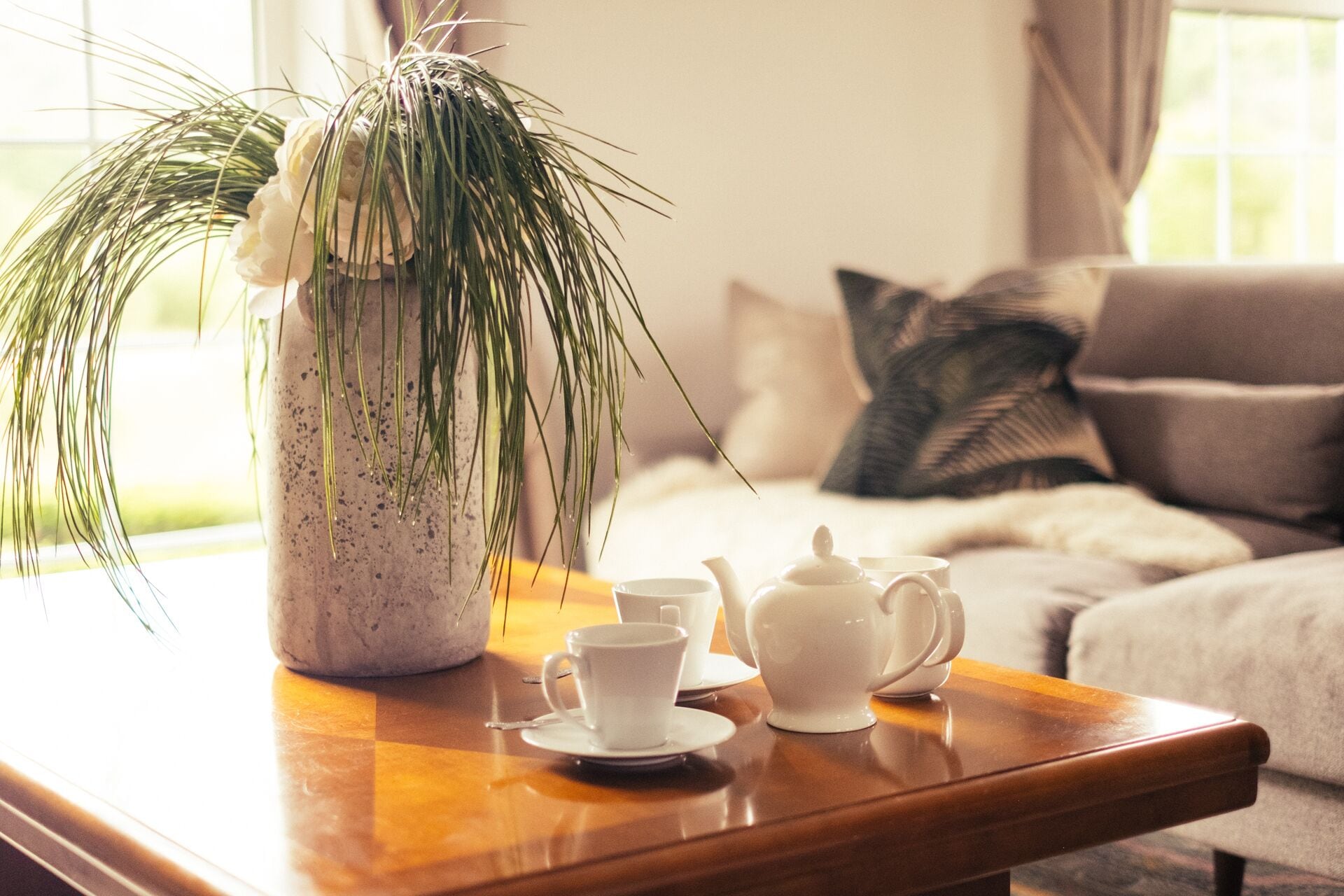 Un salon chaleureux avec une table basse sur laquelle sont posés une plante, une théière et des tasses.