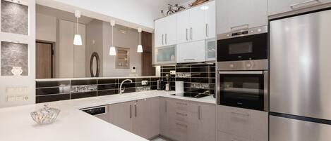 Fridge, microwave, oven, dishwasher