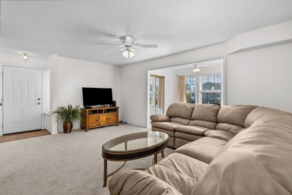 Large living room with full size sofa bed