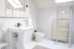 Duschwanne, Haartrockner, Handtücher, Seife