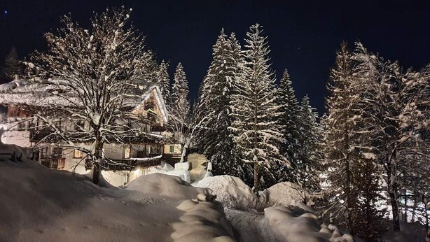 Schneebedeckte Landschaft mit einem Haus und Bäumen.