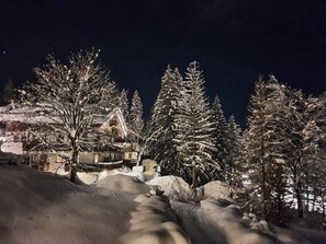 A snow-covered landscape with a house and trees.