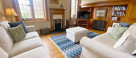 Smart TV, lareira, livros