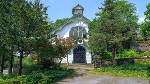 Igreja branca com telhado verde, rodeada por árvores e vegetação.