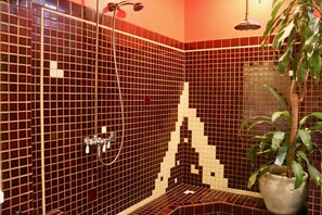 Combined shower/bathtub, hair dryer, towels, soap