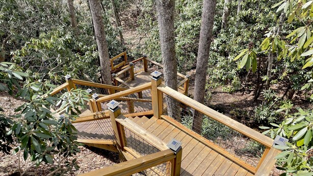 A wooden deck with metal railings and benches, surrounded by trees and foliage. - Cozy Mountain Cabin Nestled on 3.5 Acres - Multi-Tier Deck, Creek Access! (Clyde)