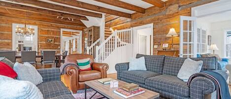 TV, fireplace, table football