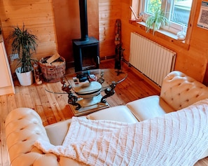 Une pièce chaleureuse avec une cheminée, un canapé confortable, une table basse en verre et une plante en pot.