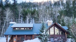 A cabin with a metal roof, wooden walls, and a chimney. It is surrounded by snow and trees.
