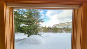 A window with a view of a snowy landscape, trees, and mountains.