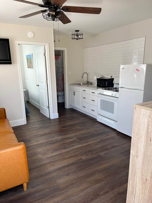 Full-size fridge, microwave, oven, stovetop