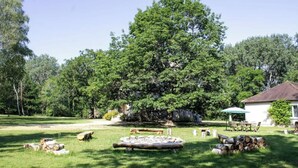 A grassy outdoor area with a large tree, a picnic table, and a house in the background. - Sologne house in the heart of nature, 15 minutes from Chambord Castle! (La Ferté-Saint-Cyr)