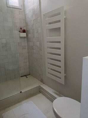A bathroom with a shower, toilet, and a towel rack. - The Bell Tower Apartment (Aix-en-Provence)