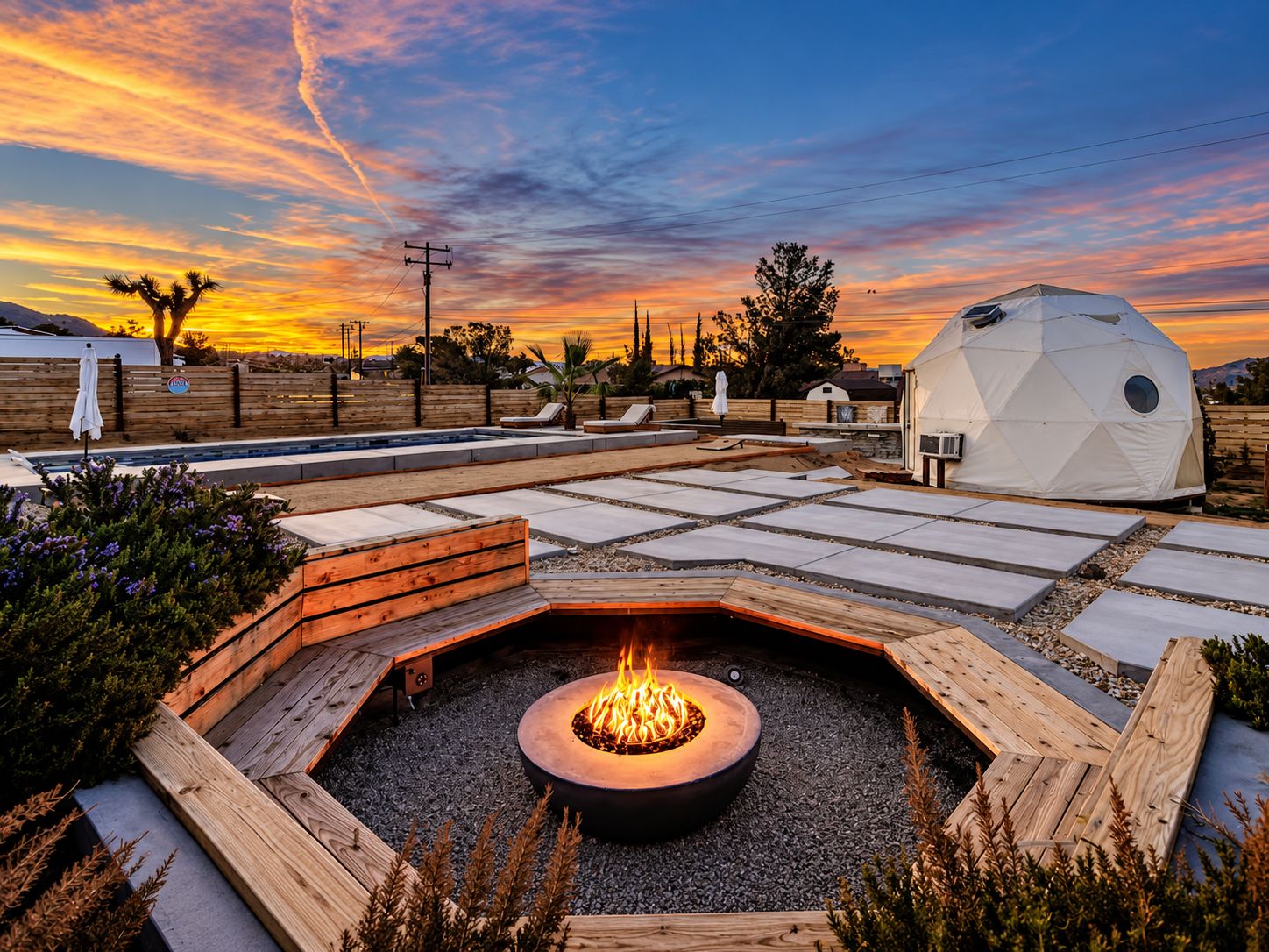 A fire pit surrounded by wooden decking, a geodesic dome, and a pool with lounge chairs.