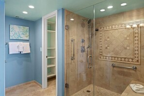 Shower, hair dryer, towels