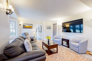 TV, fireplace, books