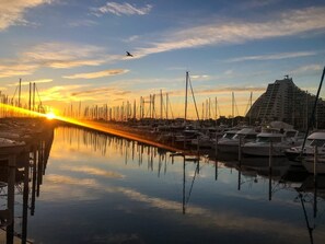Boats docked in a serene marina with a striking waterfront building in the background.