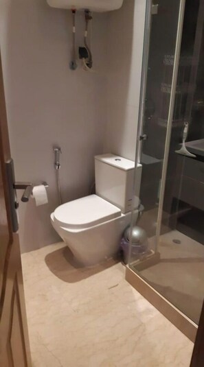 Dusche, Haartrockner, Handtücher, Toilettenpapier