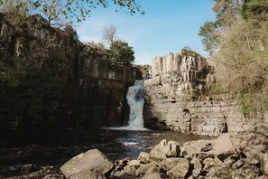 A waterfall cascading down a rocky cliff into a river, surrounded by trees and vegetation.