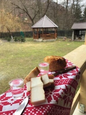 A picnic setup with a loaf of bread, cheese slices, a knife, and a glass of water on a red and white patterned tablecloth. - Valea Tonii B&B Strungari (Strungari)