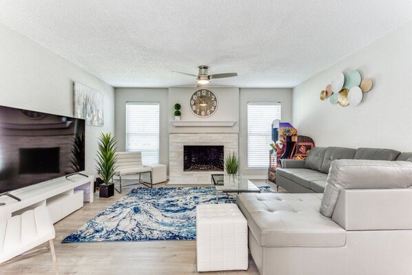 TV, fireplace, video games