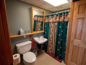 A small bathroom with a toilet, sink, and mirror. - Wisdom Room - Good Karma Inn - Bed and Breakfast in Homer, Alaska (Homer)
