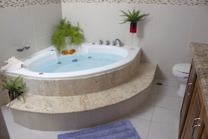 Regadera, tina de hidromasaje, toallas, jabón