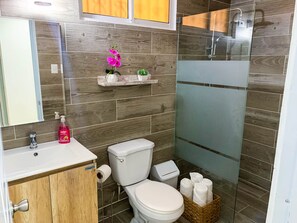 Ducha, secador de pelo, toallas y jabón